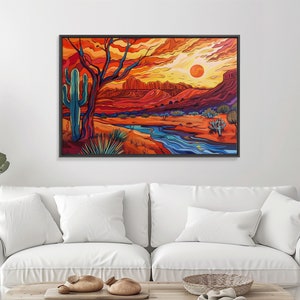 Midcentury Modern Pop Art Desert Landscape Painting Canvas Print, Framed Wall Art, Southwestern Decor, Home Decor Wall Art, Country Decor