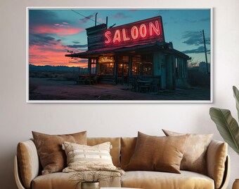 Saloon du Far West avec enseigne au néon, impression sur toile encadrée, art mashup cyberpunk Wildwest, décoration western