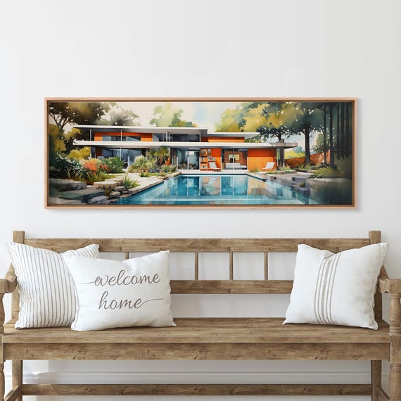 Midcentury Modern Architecture Wall Art, Framed Canvas Print, 50s