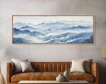 Blue Ridge Mountains, Canvas Wall Art, National Park Poster, Extra Large Horizontal Print, Panoramic Watercolor Minimalist Landscape Art
