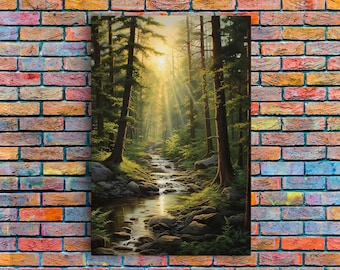 Trees Art Print, Forest Sunset Wall Art, Stream Wall Print, Canvas Print, Wall Art, Vertical Art, Anniversary Gift, Family Home Decor
