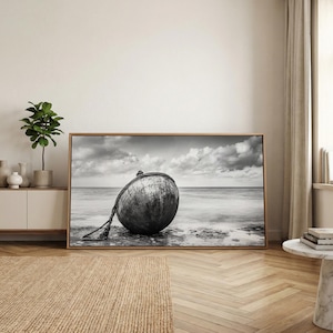 May include: Black and white framed print of a weathered buoy resting on a rocky shoreline. The buoy is round with a rope attached, set against a seascape with a cloudy sky. The artwork is displayed in a room with a neutral color palette.