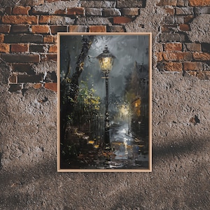 Victorian Street Lamp Oil Painting Framed Canvas Print, Moody Art Print, Nostalgia, Victorian England, Dark Academia, Cottagecore, Rainy Art