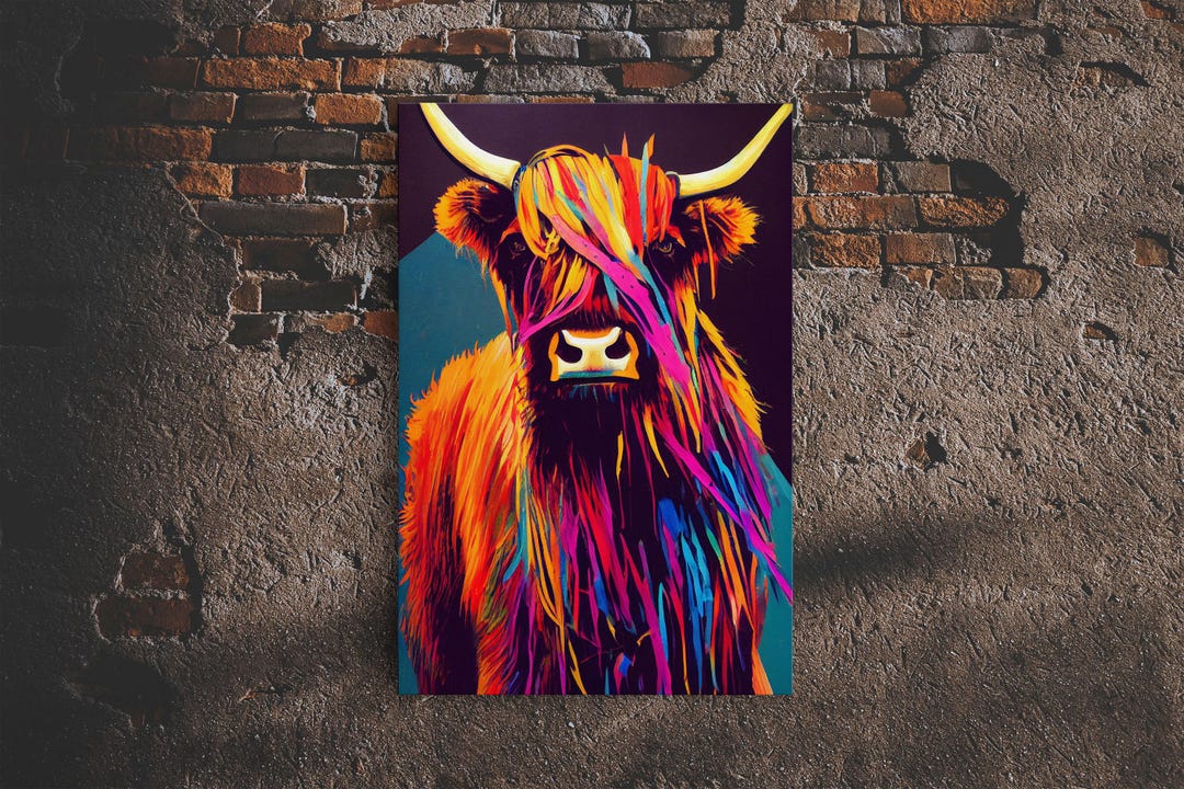 Colourfull Cow Colorful Farmhouse Art, Highland Cow, Scotland Cattle, Framed Canvas ...