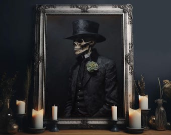 The Dapper Gentleman Skeleton, Spooky Halloween Wall Art, Canvas Print, Framed Halloween Canvas Print, Dark Academia, Goth Art