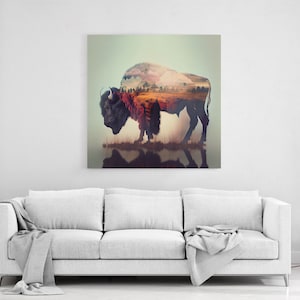 American Bison Double Exposure Art, Framed Canvas Print, American Buffalo and Plains, Western Decor, Farmhouse Art, Primitive Deco