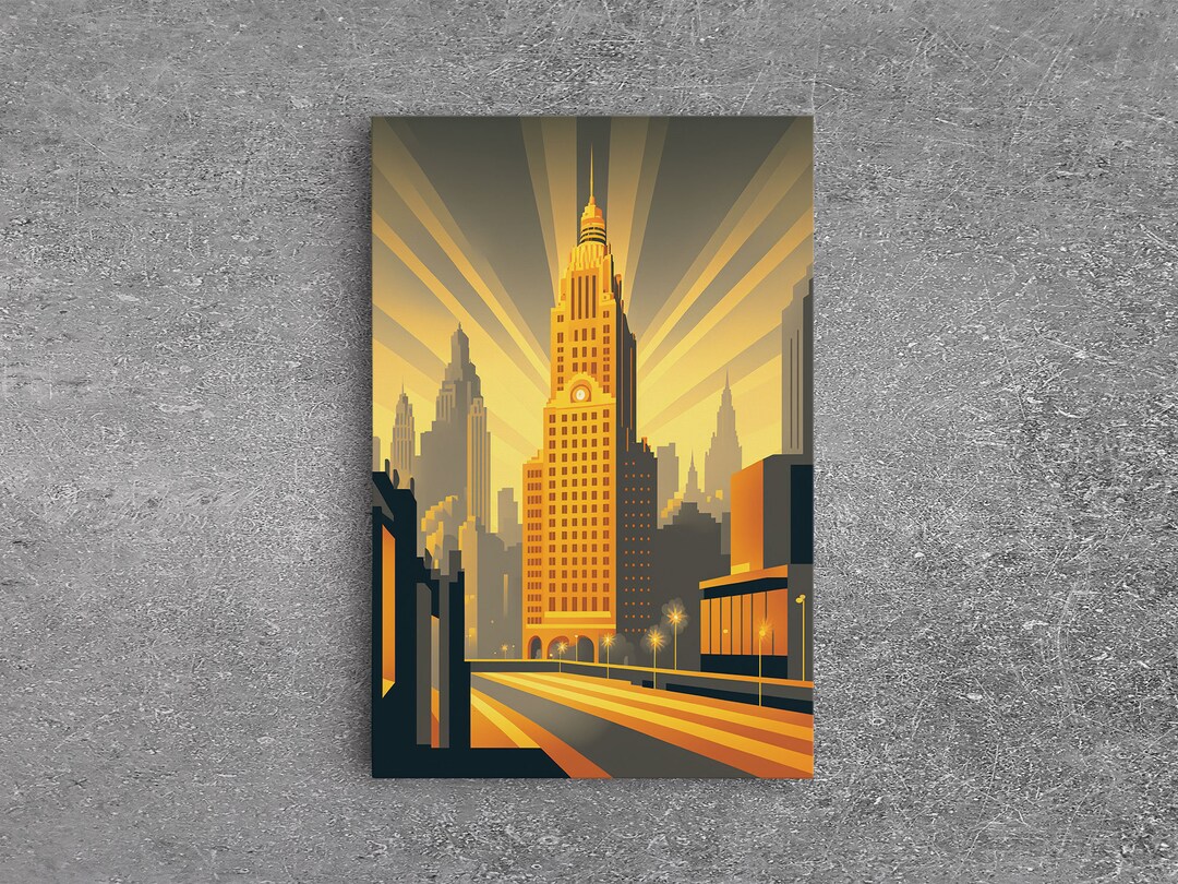 Art Deco Architecture, Framed Canvas Print, 1930s Style Art Deco City ... - Deco Era City Skyline Decorations