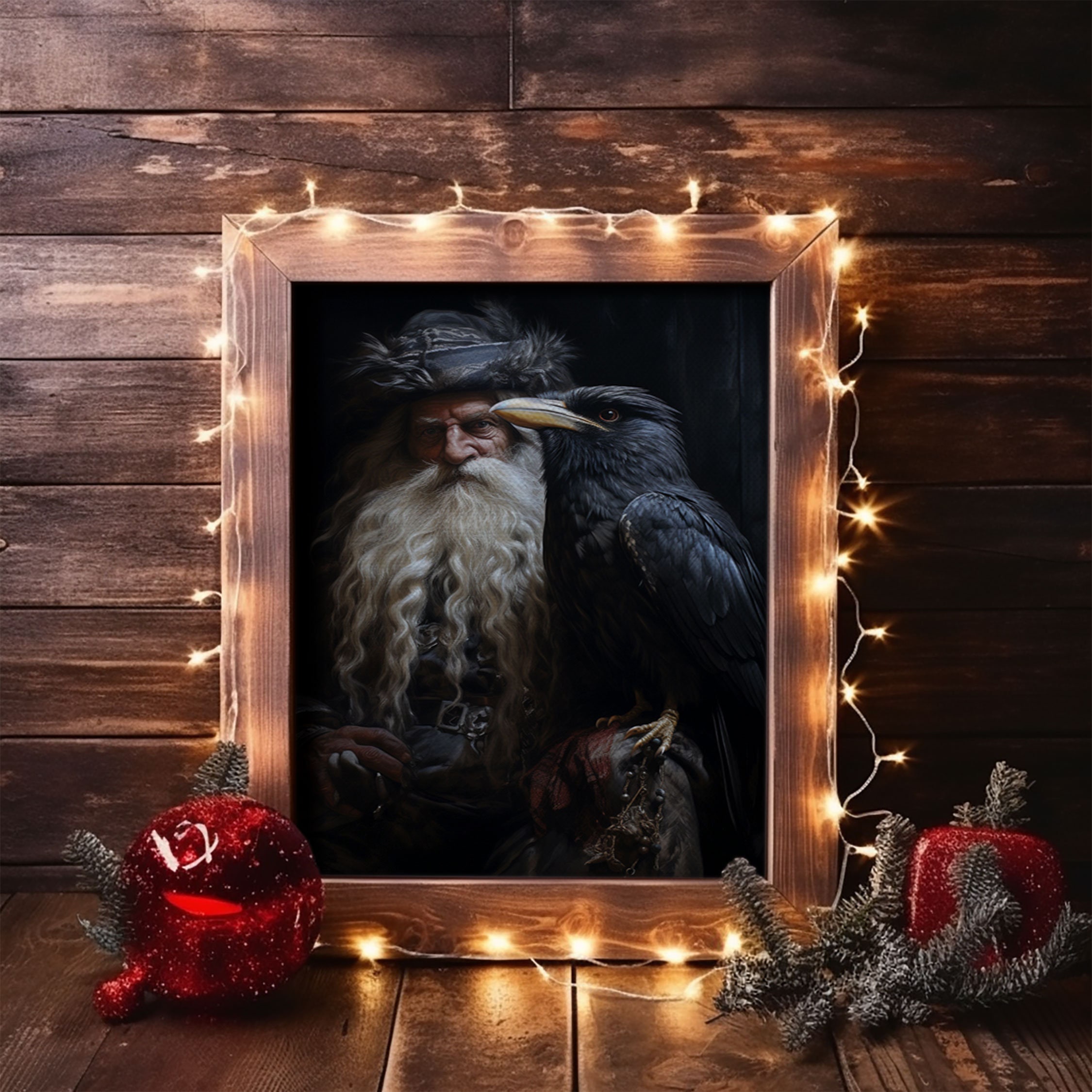 Gothic Santa and his Raven, Framed Canvas Print, Christmas Decor, Farmhouse Christmas, Gothic Christmas, Santa Art Print, Crow Print