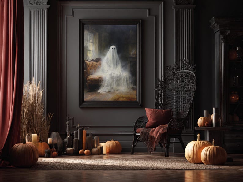 The Ghost Sits On The Sofa, Framed Canvas or Canvas Print, Gothic Victorian Halloween Painting, Cool Halloween Decor image 15