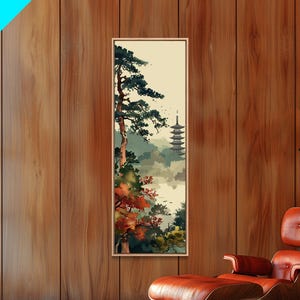 Pagoda And Pine Tree In Misty Landscape Skinny Art Wood Block Print Japanese Style Art Framed Canvas Print Tall Art Ukiyo-e Art