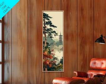 Pagoda And Pine Tree In Misty Landscape Skinny Art Wood Block Print Japanese Style Art Framed Canvas Print Tall Art Ukiyo-e Art