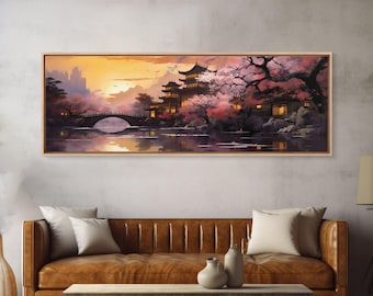 Dawn In Kyoto, Japan - Framed Canvas Print - Panoramic Painting Wall Art - Cute Wall Decor - Japanese Style Art