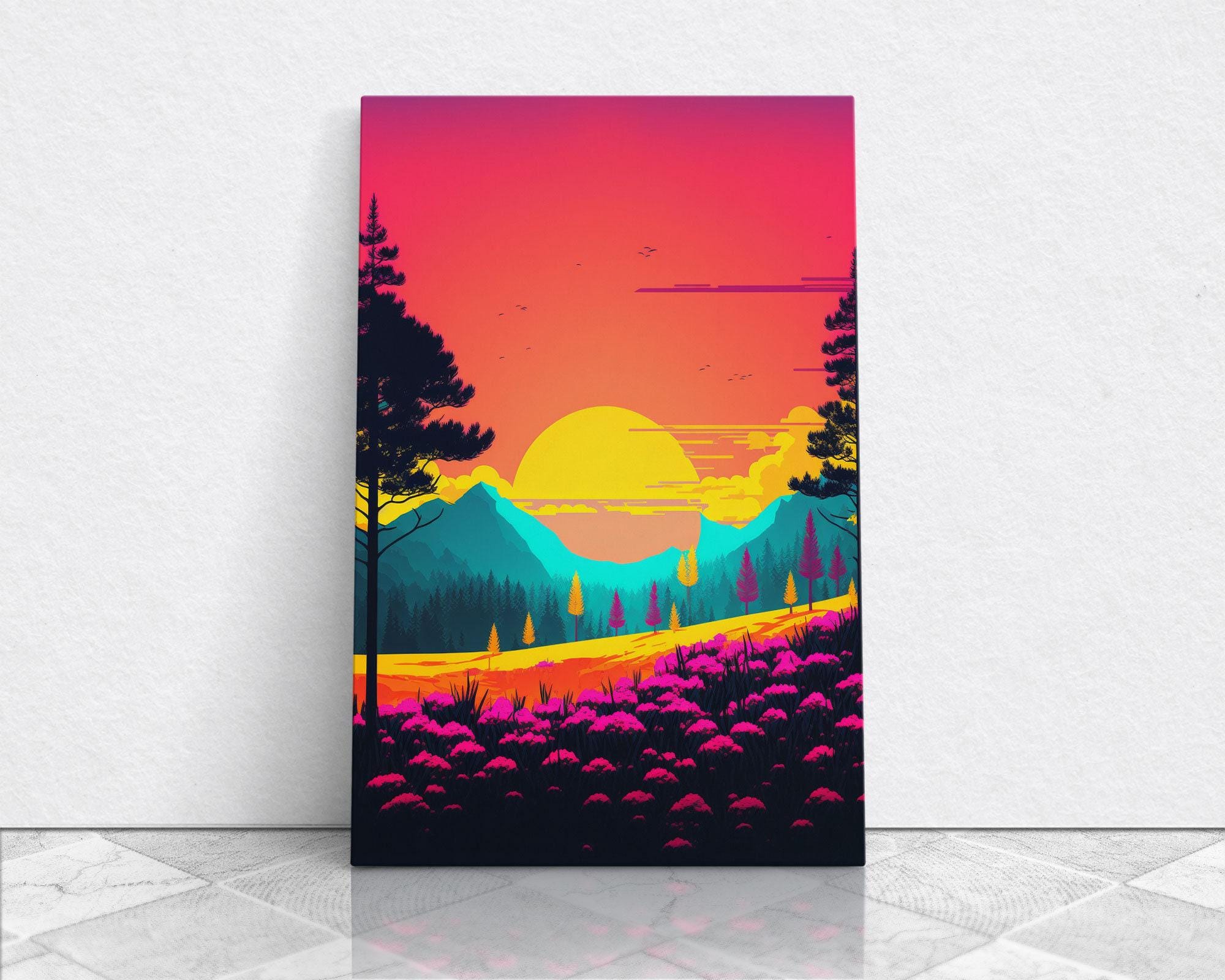 Retro Pop Art Landscape, Surrealist / Psychedelic Art, Framed