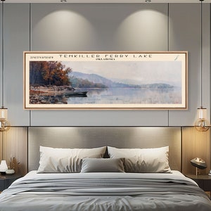 Tenkiller Ferry Lake Oklahoma Panoramic Wall Art, Framed Canvas Print, Lake House Decor, Travel Poster, Lake Scene, Living Room Decor, Art