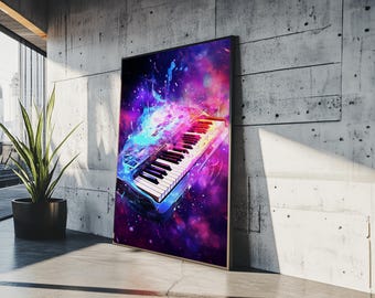 Cosmic Keyboard, Galaxy Music Art Framed Canvas Print, Electric