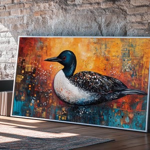 Loon Bird Painting, bird art, wildlife art, nature painting, teal wall art, framed canvas print, lake decor, rustic wall art