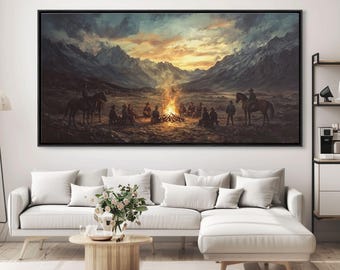 Sunset Cowboys Around Campfire Framed Canvas Print Western Scenic Art Perfect Winter Wall Decor and Rustic Mountain Cabin Art