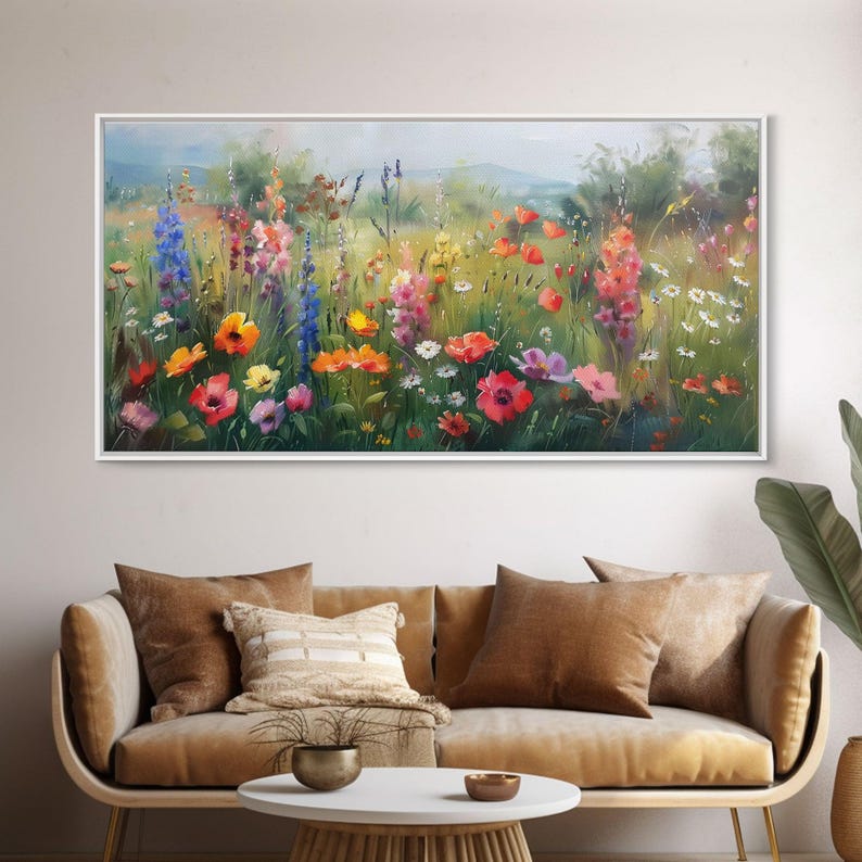 Wildflower Field Oil Painting Landscape Wall Art Print, Nature Framed ...