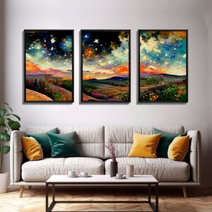 Night Starry Sky Landscape Colorful Night Sky Nature Living Room Wall Art Spiritual Starry, 3 Piece Wall Art, Ready To Hang Canvas Print image 6
