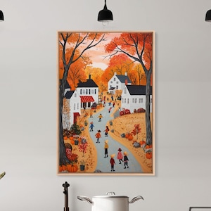 Autumn Village Scene Framed Canvas Print Tall Art With Fall Leaves And Pumpkins, Cozy Wall Art For Seasonal Farmhouse Decor