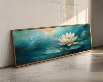 Lotus Flower, Tranquil Water, Canvas Print, Zen Wall Art, Meditation Room Decor, Calm Blue Painting, Bedroom Artwork, Boho Aesthetic