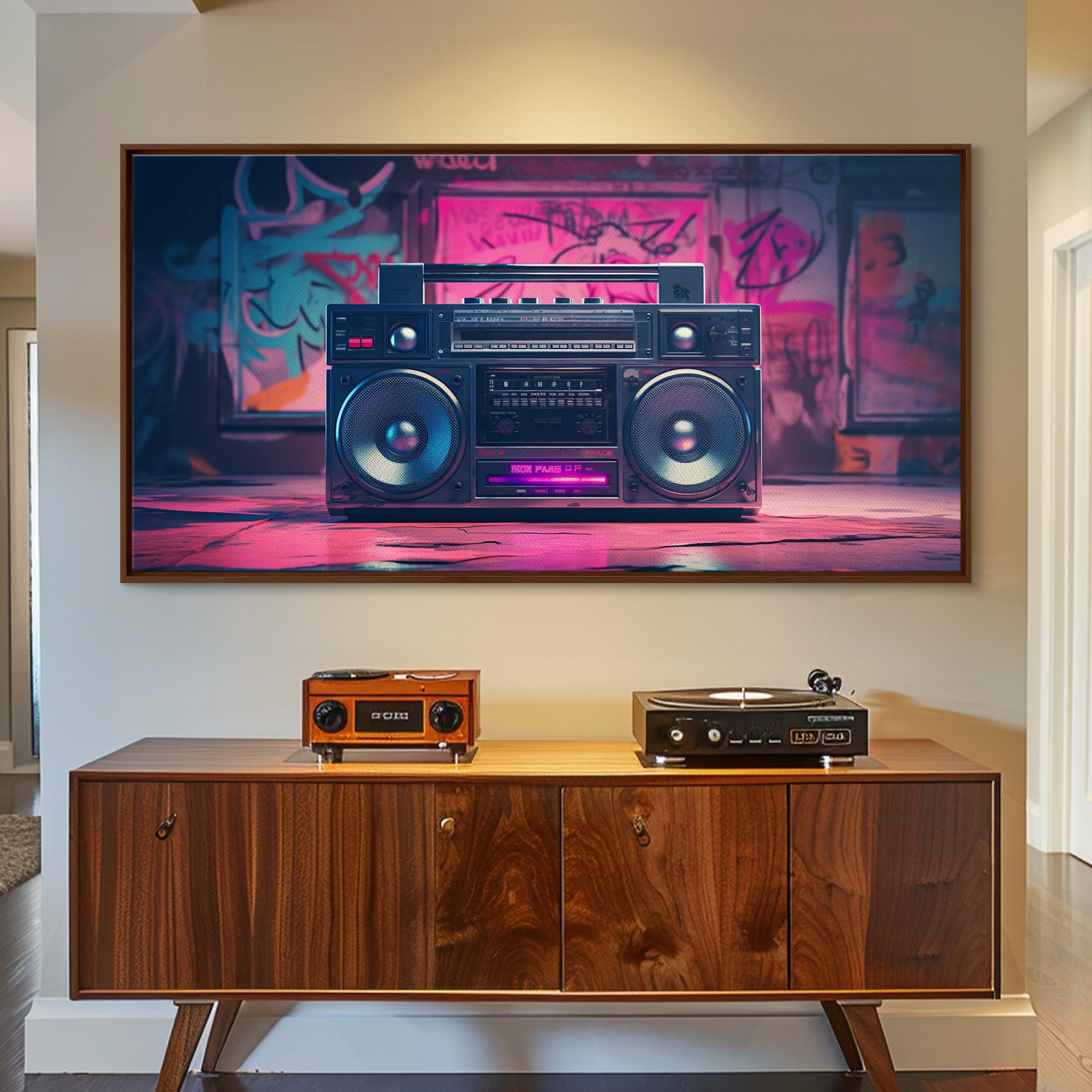 アート・デザイン・音楽 RT-100280 Vaporwave Boombox Wall Art, Framed Canvas Print, 1980s Inspired