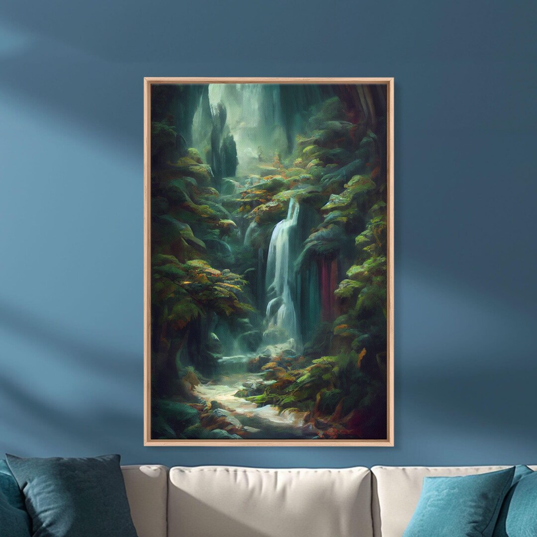 Waterfall in the Forest Canvas Print, Fantasy Wall Art, Watercolor ...