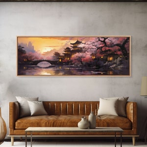 Dawn In Kyoto, Japan - Framed Canvas Print - Panoramic Painting Wall Art - Cute Wall Decor - Japanese Style Art