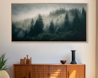 Morning fog over a mountain forest, framed canvas print, foggy pine tree landscape, framed wall art, misty mountain landscape art