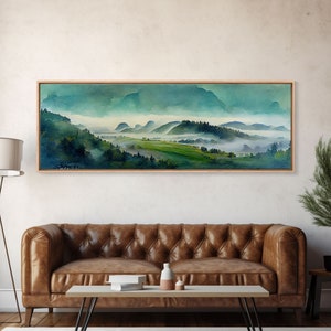 Emerald Green Landscape Watercolor, Ready To Hang Canvas Print, Panoramic Art, Cool Wall Decor