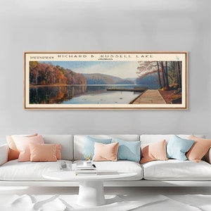 Richard B. Russell Lake Georgia Framed Canvas Print, Lake House Decor, Wall Art, Panoramic Travel Poster, Landscape Painting, Bedroom Decor