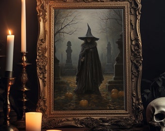 The Witch In The Cemetary, Vintage Halloween Witch Art, Halloween Canvas Printed / Framed Canvas, Witchy Decor, Witchcraft, Dark Academia