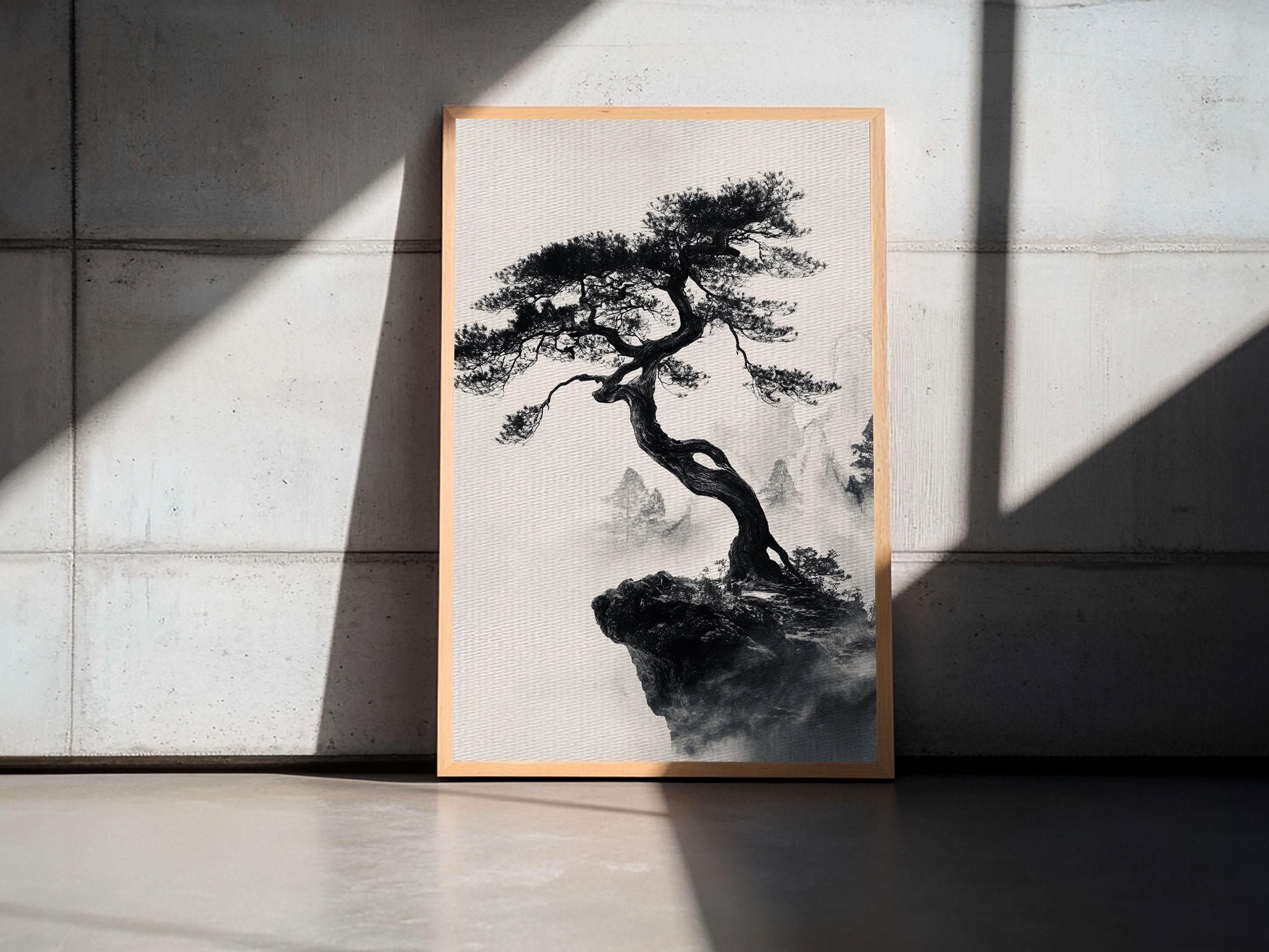 Bonzai Tree on a Cliff Wabi Sabi Painting Print, Wood Framed Wall