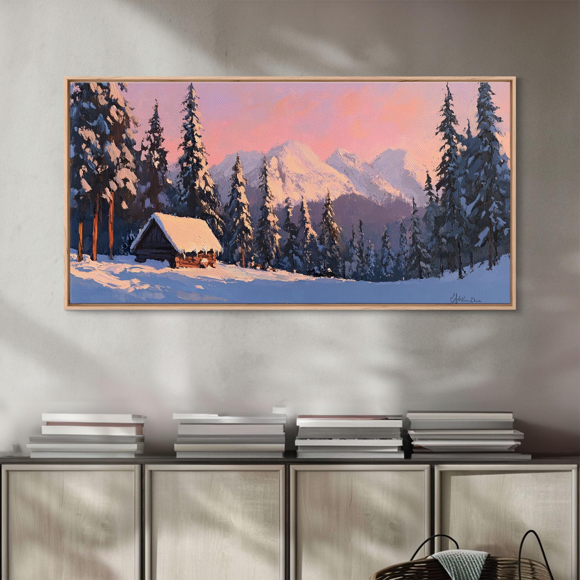 Snowy Mountain Cabin Tall Art Framed Canvas Print Cozy Winter Cabin ...