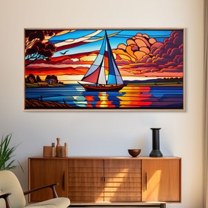 Stained Glass Art Deco Sail Boat Wall Art | Framed Canvas Print | Nautical Art | Seascape Art | Beach House Decor