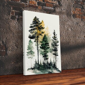 Watercolor pine tree forest, framed canvas print, cool wall art