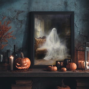 The Ghost Sits On The Sofa, Framed Canvas or Canvas Print, Gothic Victorian Halloween Painting, Cool Halloween Decor image 2