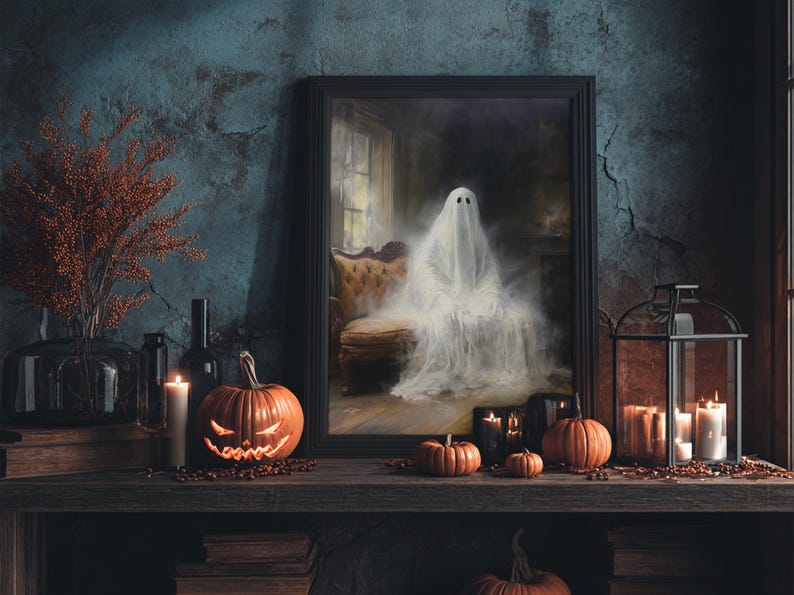 The Ghost Sits On The Sofa, Framed Canvas or Canvas Print, Gothic Victorian Halloween Painting, Cool Halloween Decor image 2