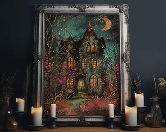Enchanted Gothic House Framed Canvas Print, Halloween Wall Art, Spooky Art, Home Decor, Living Room Decor, Gothic Artwork, Haunted House