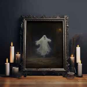 The Haunted Library, Spooky Gothic Victorian Ghost, Halloween Decor, Framed Canvas Print, Halloween Canvas Art