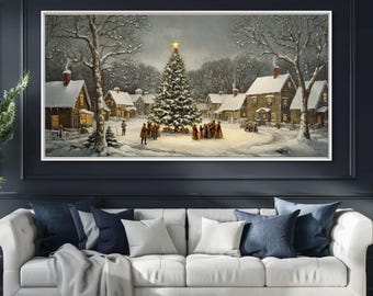 Large Christmas Tree In Snowy Village With Families, Winter Wonderland Holiday Wall Art, Framed Canvas Print, Rustic Christmas Decor