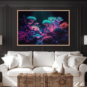Coral Reef art, synthwave aesthetic ocean art, framed canvas art, framed wall art canvas print image 14