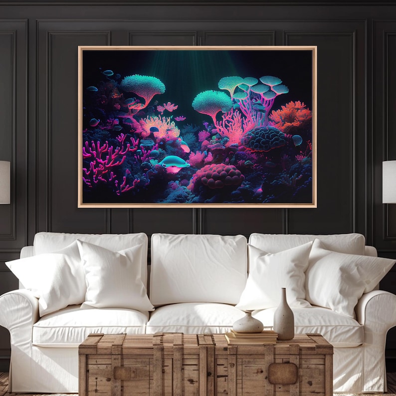 Coral Reef art, synthwave aesthetic ocean art, framed canvas art, framed wall art canvas print image 14