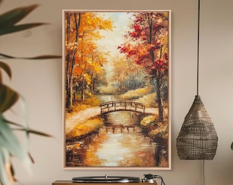 Impresión en lienzo enmarcada con puente otoñal sobre arroyo, arte de pared, decoración de paisaje otoñal, regalo de arte rústico otoñal, arte de pared de temporada