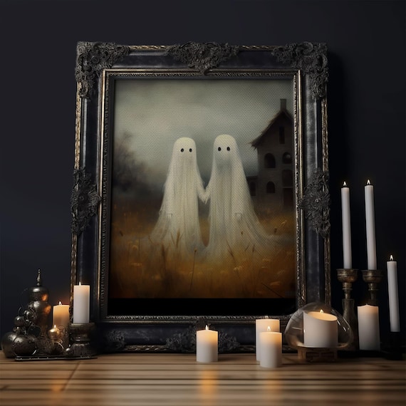 Country Ghosts Art Print, Halloween Art Print, Halloween Decor, Cute Ghosts in Field, Spooky Vintage Halloween, Wall Art, Framed Canvas