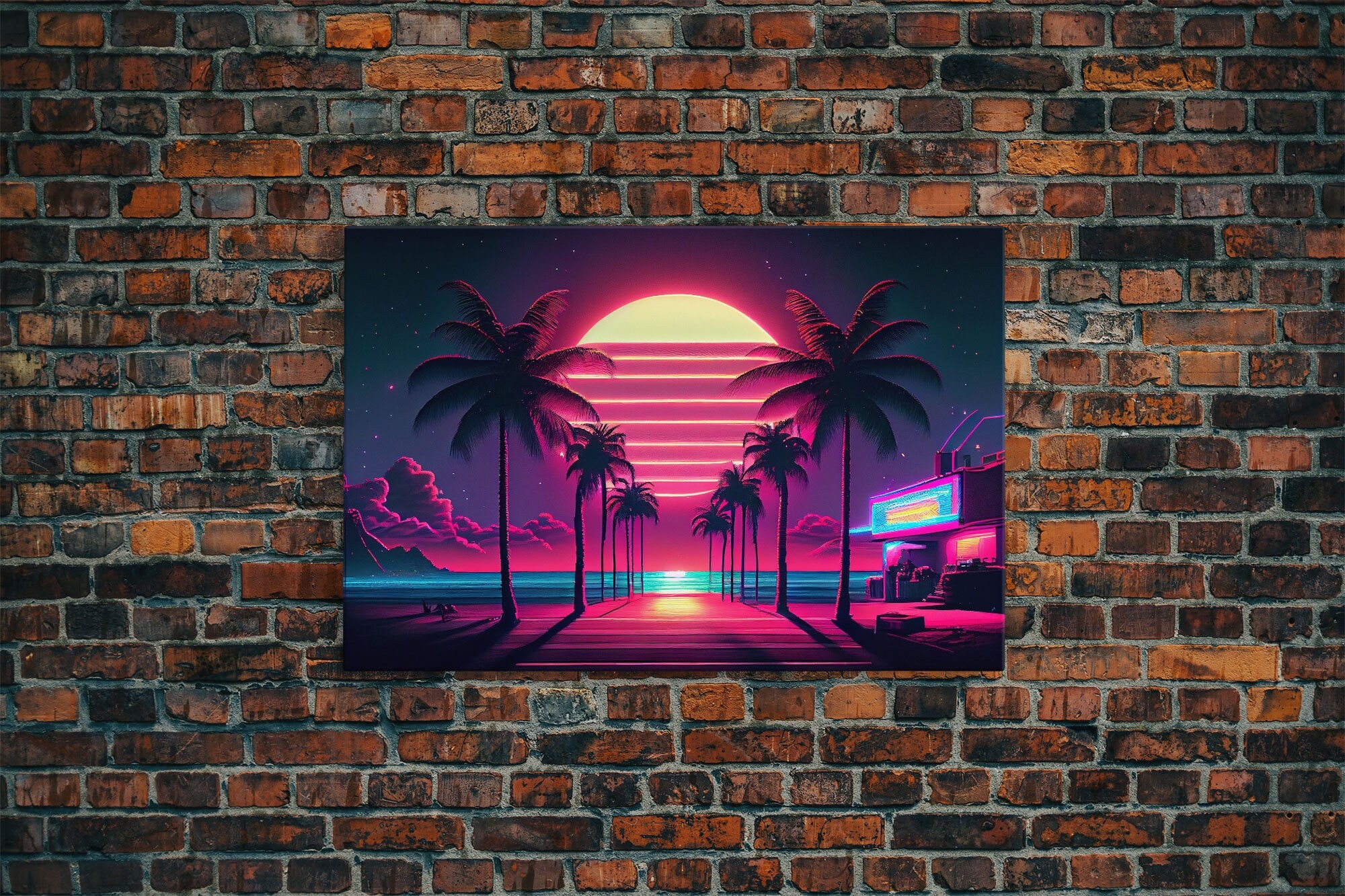 The Neon Boardwalk, Florida Synthwave Sunset, Framed Canvas