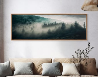Aquarelle panoramique d'un brouillard brumeux de forêt, art mural, impression sur toile encadrée, décor de ferme, paysage brumeux de forêt de pins