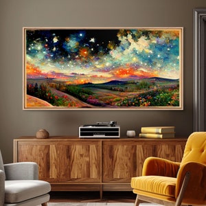 Starry Night Inspired Framed Canvas Print, Colorful Night Sky Painting Nature Painting Living Room Wall Art Spiritual Starry Painting