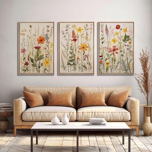 Framed Canvas Wall Art Set, 3 Piece Art, Watercolor Wildflowers Floral / Botanical Print, Minimalist Wall Art, Boho Decor, Colorful Art