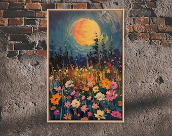 Full Moon Above The Wildflowers, Framed Canvas Print, Woodland Art, Mystical Full Moon Oil Painting, Flowers & Trees, Enchanted Wildflowers